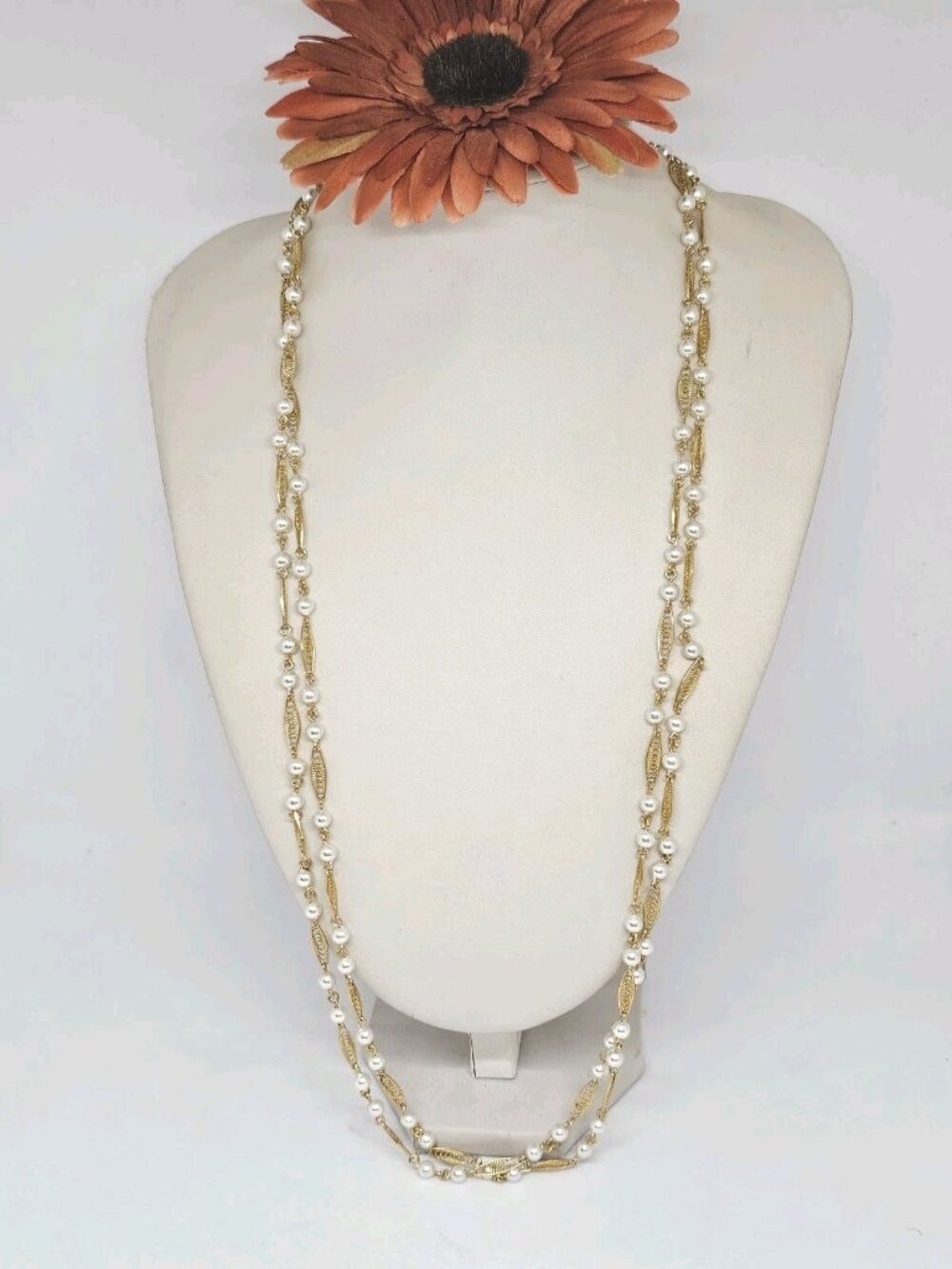 Vintage TRIFARI Gold Tone Fx Pearl Filigree Necklace Two Strand Costume Jewelry